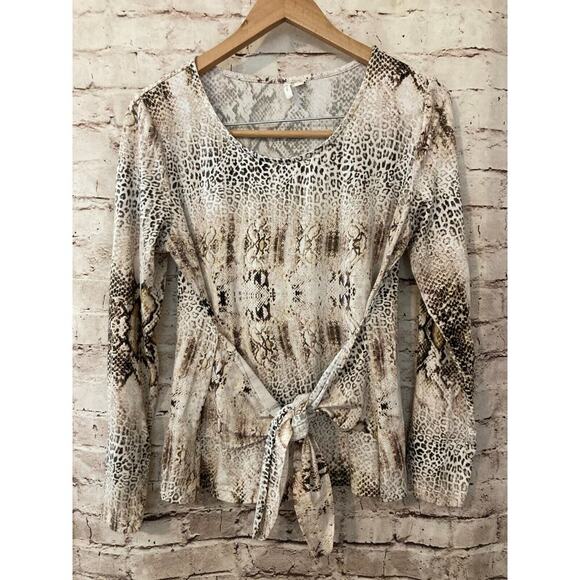 Cato Top Womens Medium Snakeskin Print Tie Front Long Sleeve Stretch Scoop Neck - Picture 1 of 14